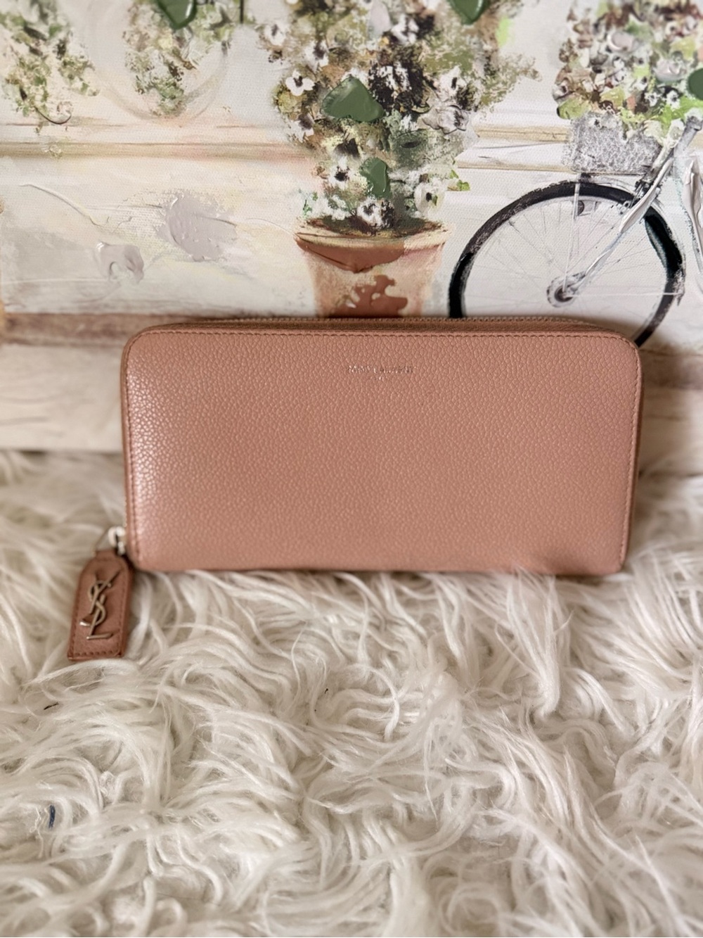 Authentic! Saint Laurent Blush Pink Zip-Around Pebbled Leather Wallet-pre-loved